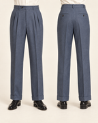 AI design preview: front and rear study of the included pleated cuffed trousers with welt back pockets