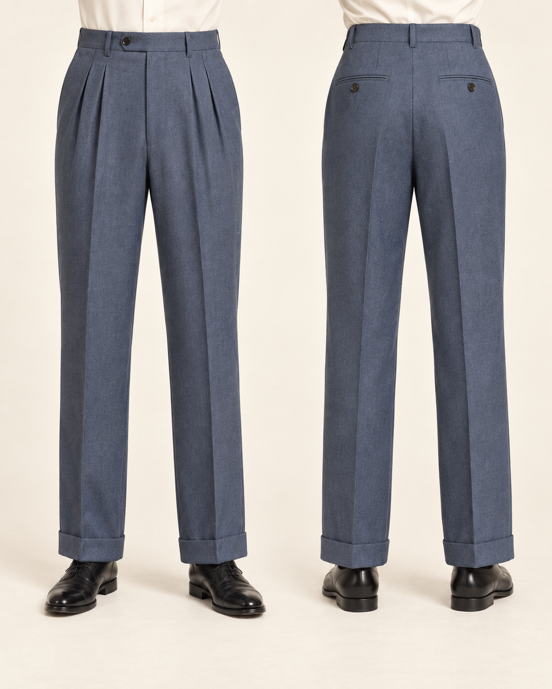 AI design preview: front and rear study of the included pleated cuffed trousers with welt back pockets