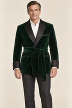 AI design preview: bottle-green smoking jacket with black notched lapels, turned-back cuffs and self sash