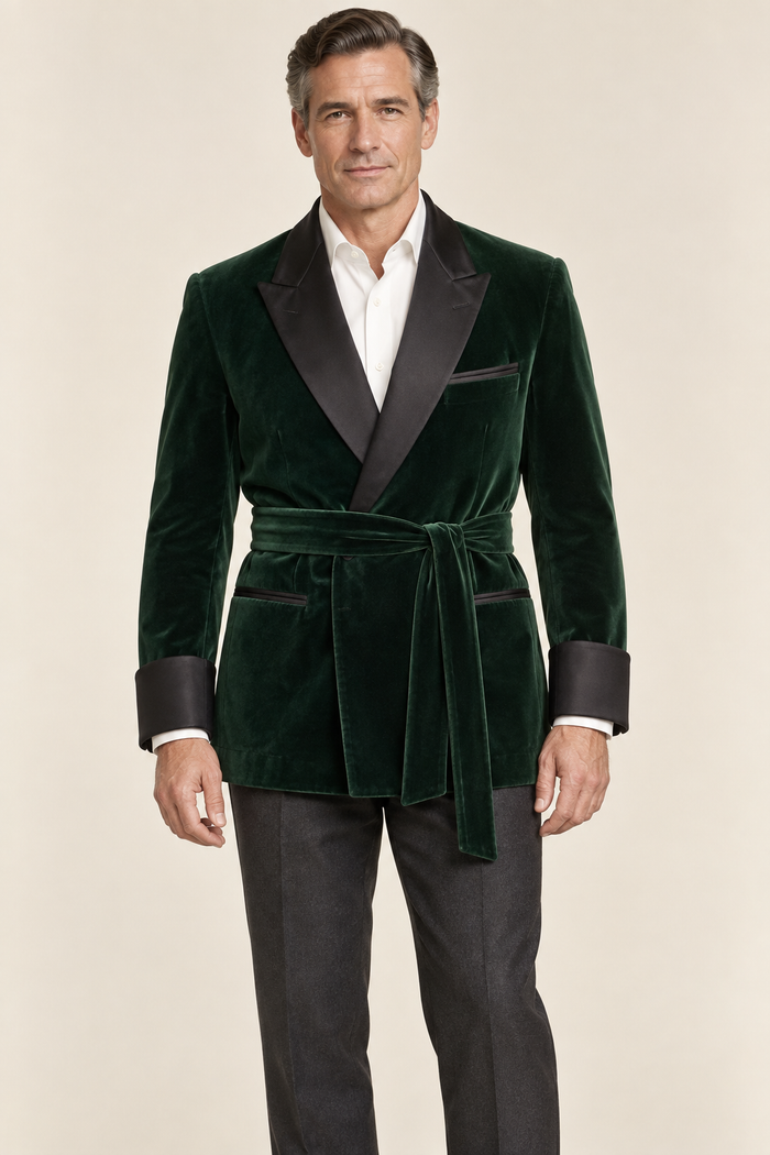 AI design preview: bottle-green smoking jacket with black notched lapels, turned-back cuffs and self sash