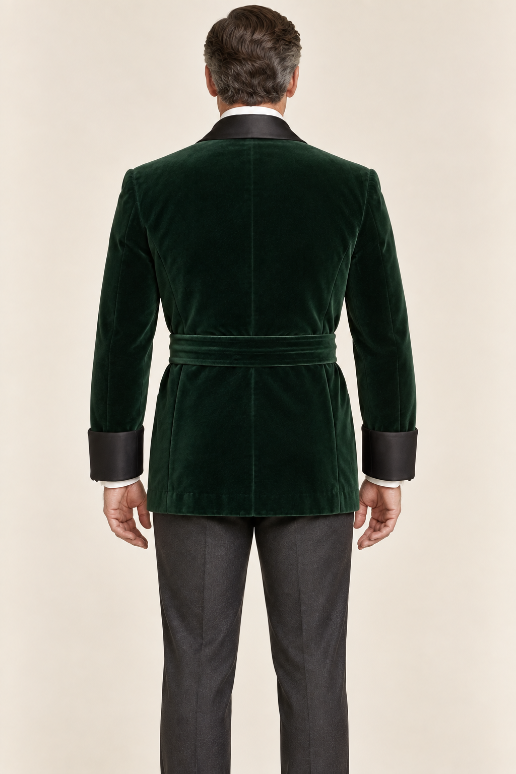 AI design preview: smooth green smoking jacket back with center seam and waist sash