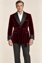AI design preview: same short smoking jacket in oxblood burgundy with black satin contrast