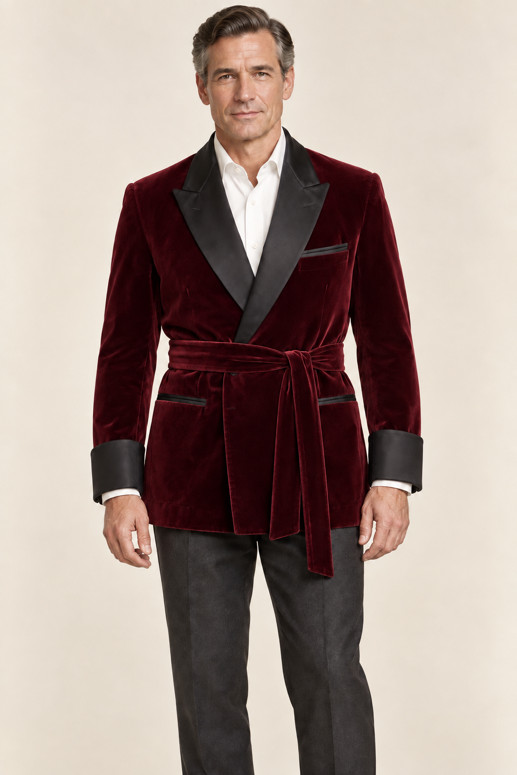 AI design preview: same short smoking jacket in oxblood burgundy with black satin contrast