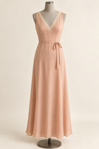 AI preview: peach V-neck pullover nightgown with ivory lace edging and waist ties knotted at the front.