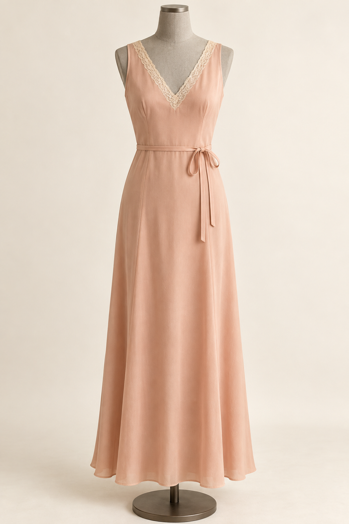 AI preview: peach V-neck pullover nightgown with ivory lace edging and waist ties knotted at the front.