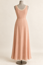 AI preview: peach nightgown rear with a rounded neckline, smooth skirt and flat waist ties.