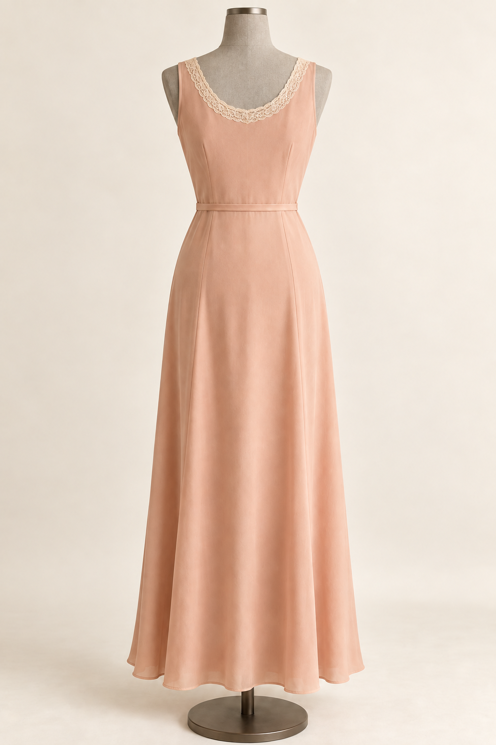 AI preview: peach nightgown rear with a rounded neckline, smooth skirt and flat waist ties.