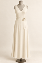 AI preview: antique-ivory version of the same tie-waist nightgown with a plain bound V neckline.