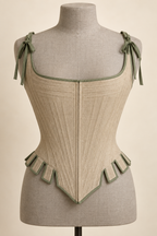 AI preview: oatmeal tabbed stays with sage shoulder ties, closed pointed front and stitched channels.