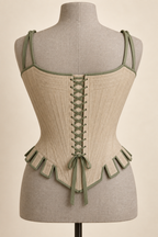 AI preview: oatmeal stays rear with sage ribbon lacing, modesty panel and bound waist tabs.
