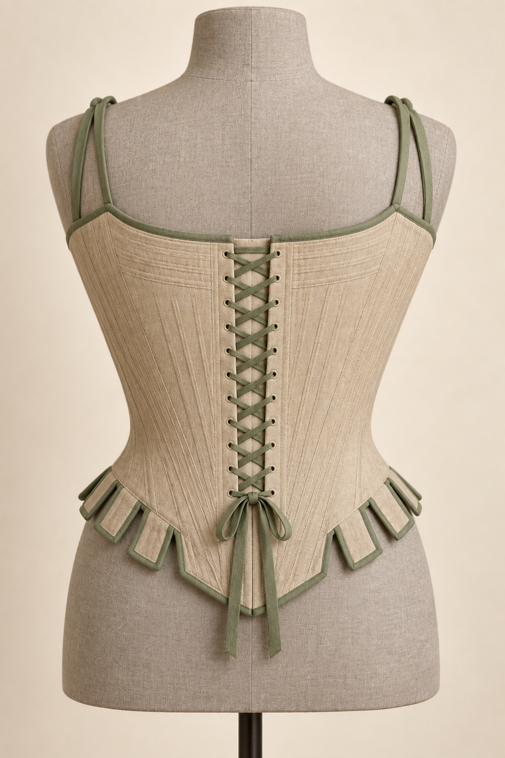 AI preview: oatmeal stays rear with sage ribbon lacing, modesty panel and bound waist tabs.