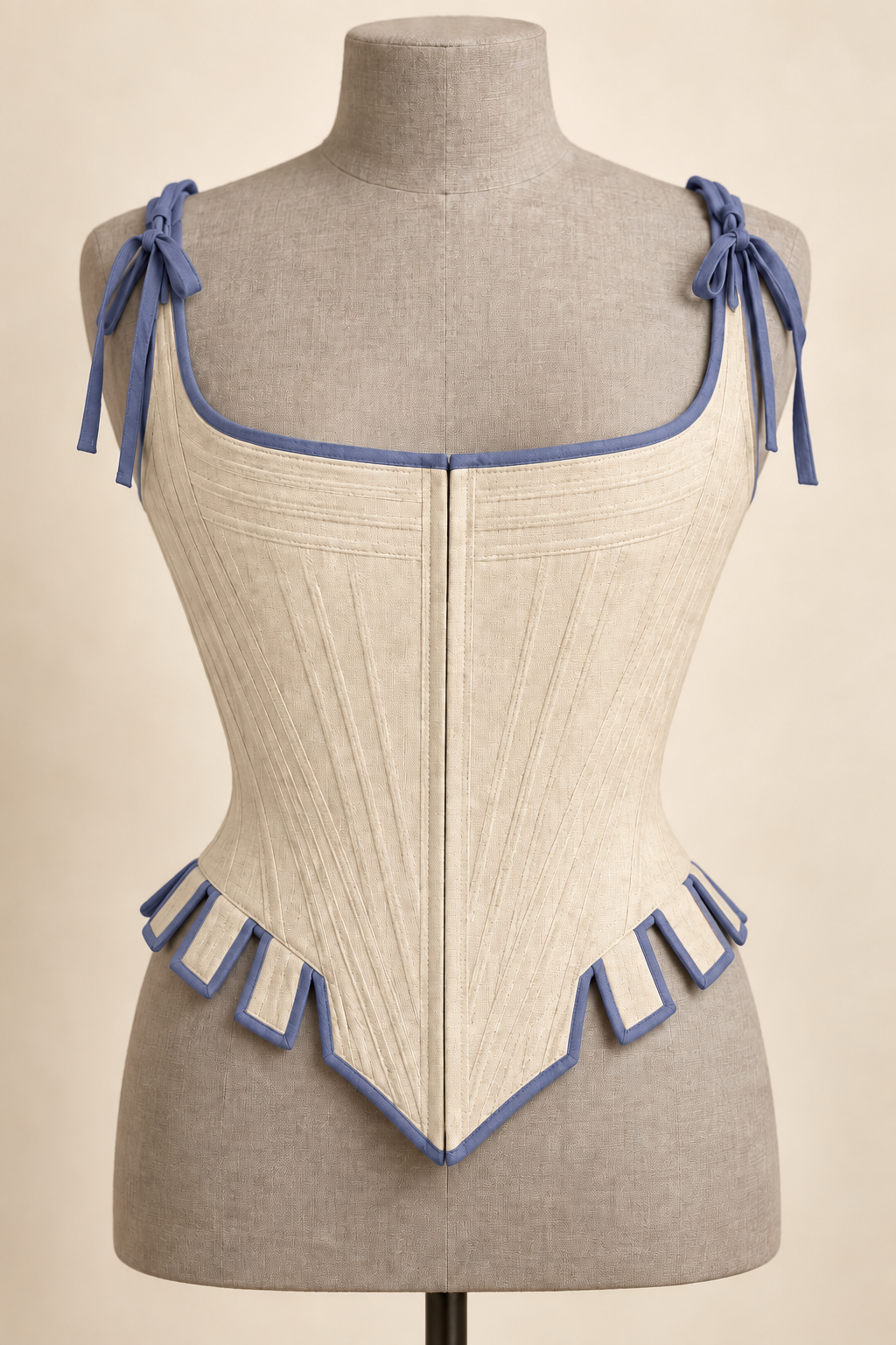 AI preview: the same tabbed stays in antique ivory with slate-blue binding and shoulder ties.