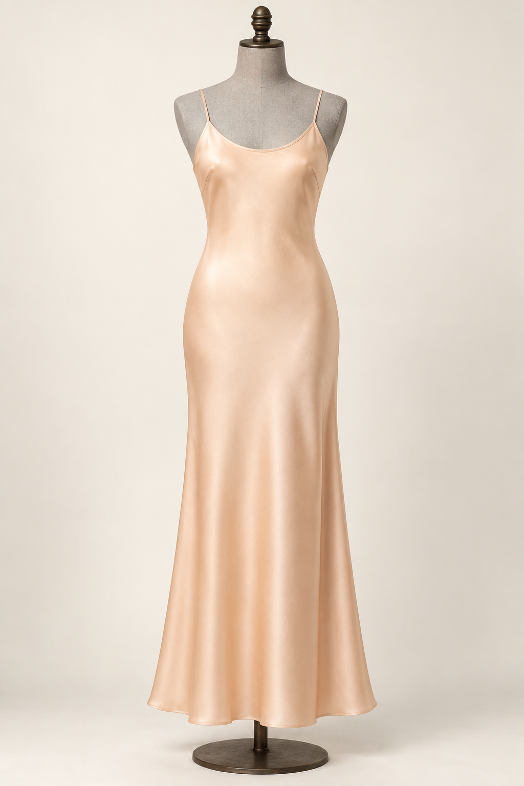 AI front preview of a pale-apricot low-back slip with narrow straps and a plain long hem