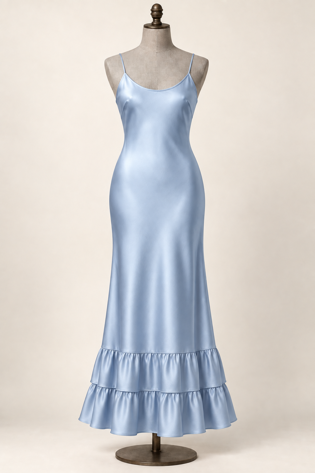 AI front preview of the powder-blue slip with two gathered ruffle tiers at the lower hem