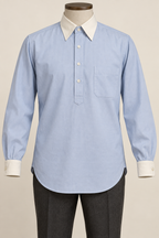 AI design preview: powder-blue half-placket shirt with ivory pointed collar and straight cuffs