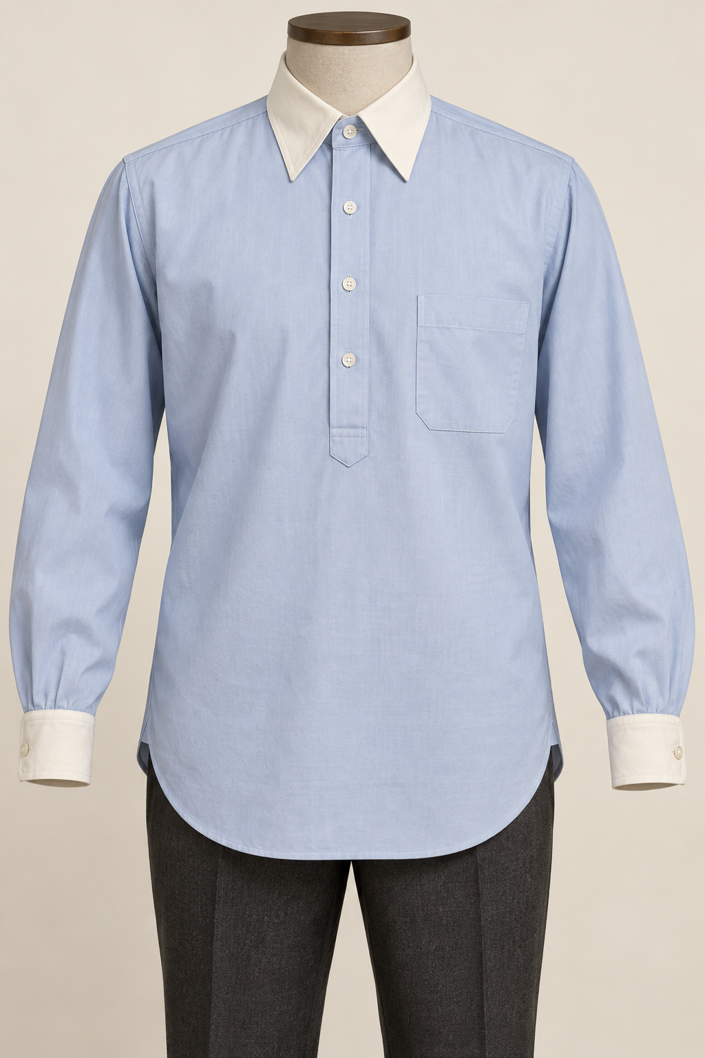 AI design preview: powder-blue half-placket shirt with ivory pointed collar and straight cuffs