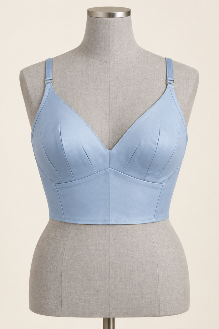 AI front preview of a powder-blue darted longline bra with a deep V neckline and shaped lower body