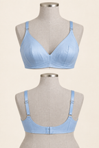 AI front and back detail of the powder-blue short darted bra with a shaped fabric band and back hooks