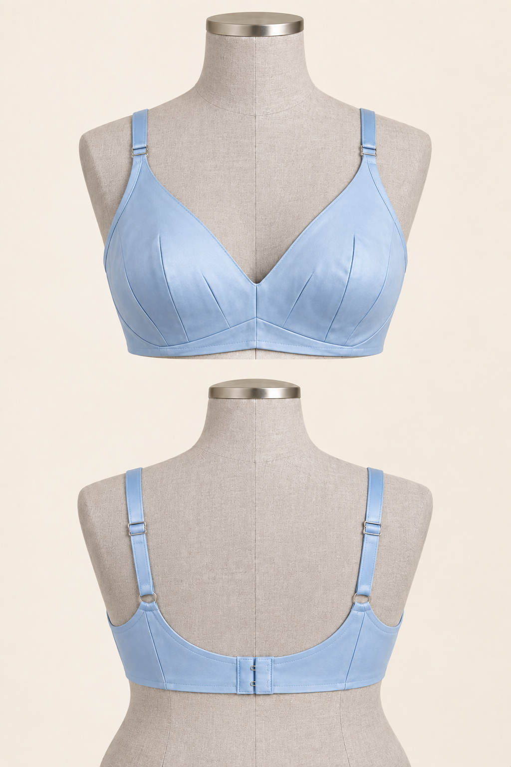 AI front and back detail of the powder-blue short darted bra with a shaped fabric band and back hooks