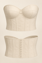 AI front and back detail of an ivory strapless seamed-cup bra with reinforcement channels and back hooks