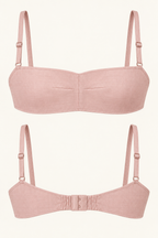 AI front and back detail of a pale-rose centre-dart bandeau with narrow straps
