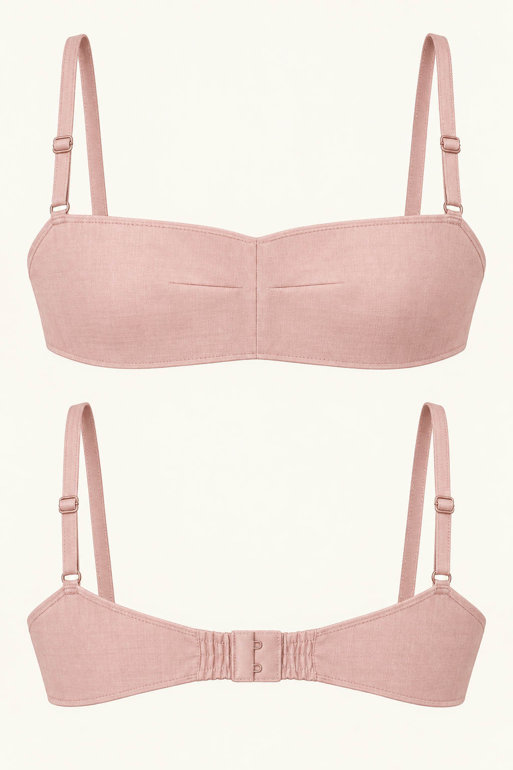 AI front and back detail of a pale-rose centre-dart bandeau with narrow straps