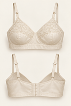 AI front and back detail of an ivory French woven bra with backed lace upper cups and a broad fabric underband