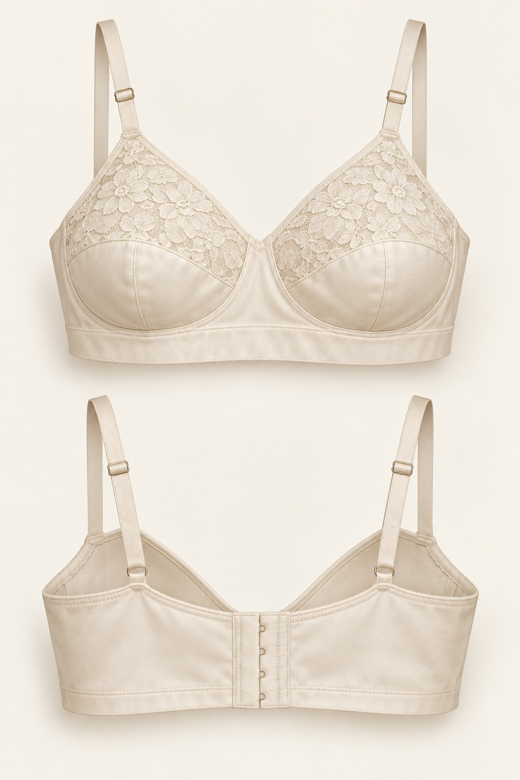 AI front and back detail of an ivory French woven bra with backed lace upper cups and a broad fabric underband