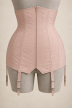 AI preview: dusty-blush long underbust garter corselet with a centre-front zipper and shaped panels.