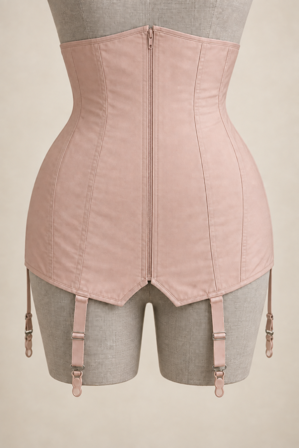 AI preview: dusty-blush long underbust garter corselet with a centre-front zipper and shaped panels.