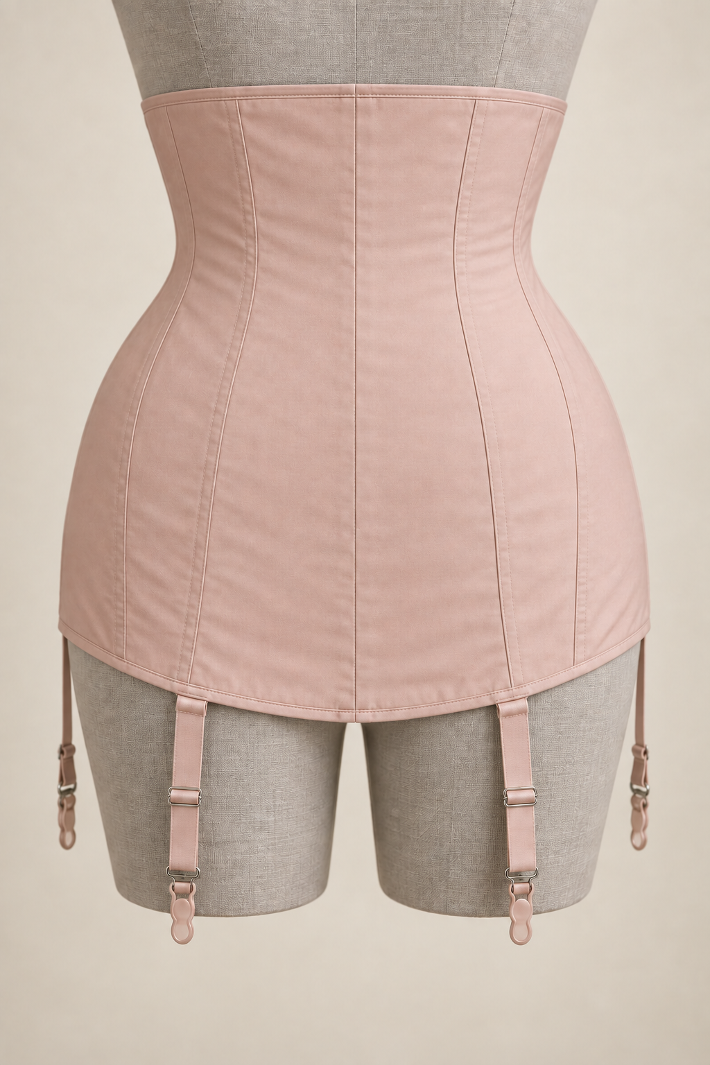 AI preview: rear of the blush long corselet with closed panelled back and adjustable garter straps.