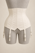 AI preview: antique-ivory short garter corselet with closed front and angular lower hem.
