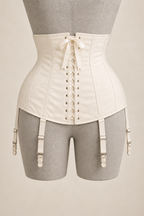 AI preview: ivory short corselet rear with ribbon lacing, modesty panel and garter straps.