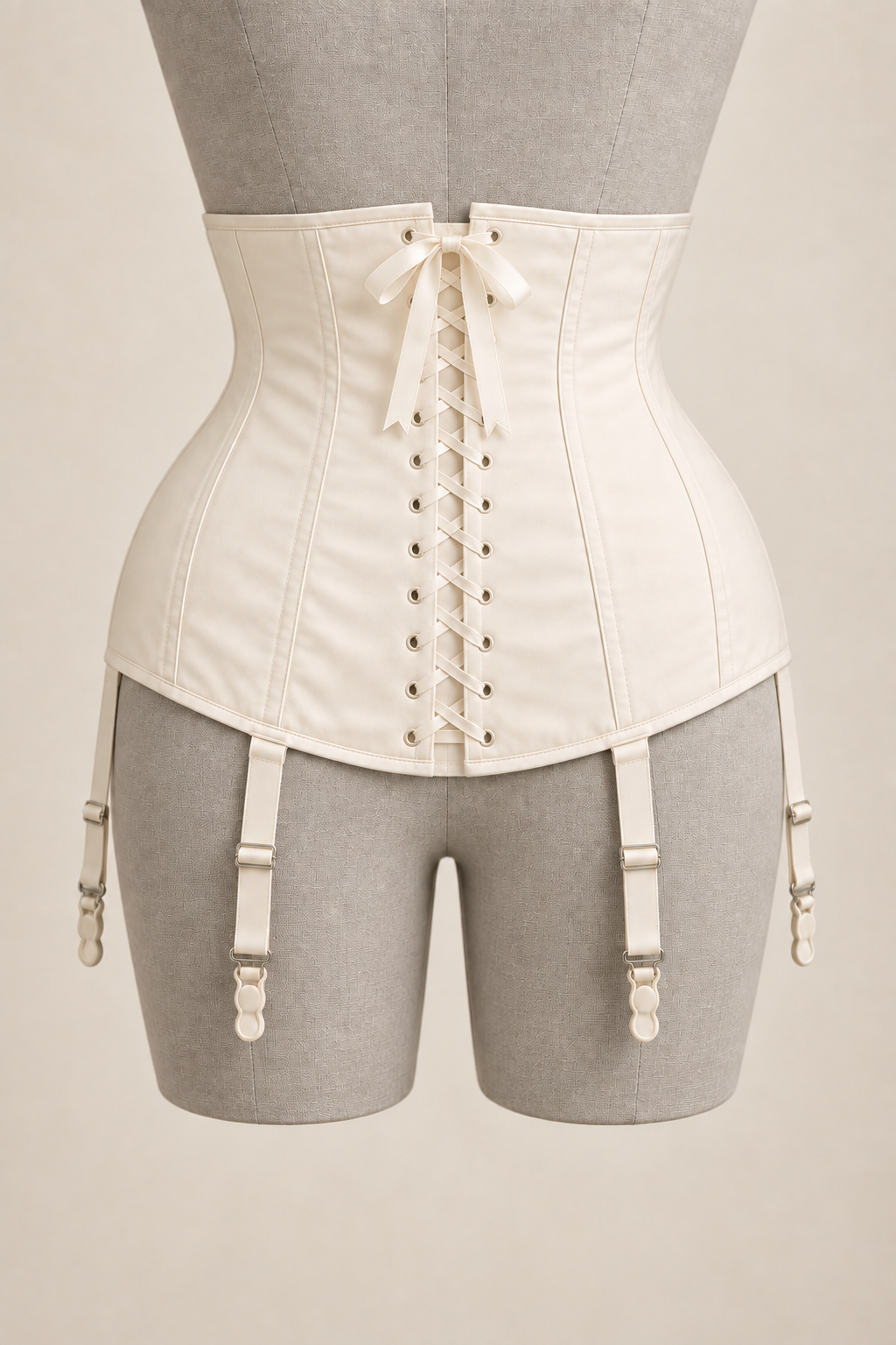 AI preview: ivory short corselet rear with ribbon lacing, modesty panel and garter straps.