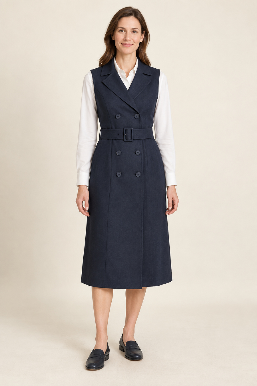 Front view of tailored vest dress design on a model