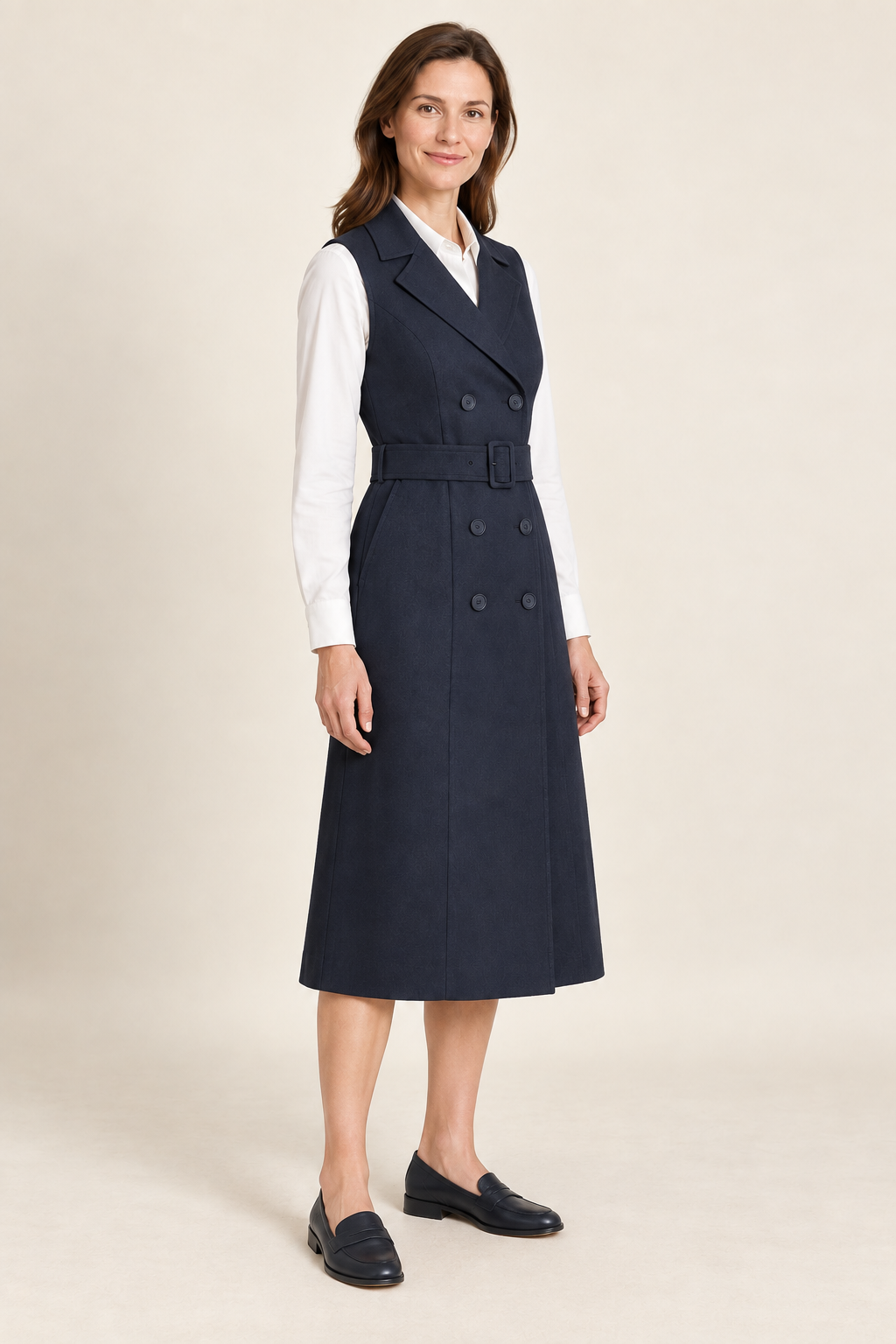 Three-quarter view of tailored vest dress design on a model