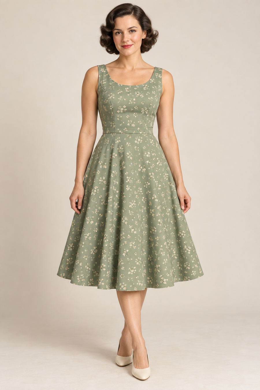 Design preview of vintage-inspired back-wrap dress with a fixed scoop-neck front and flared skirt, front view.