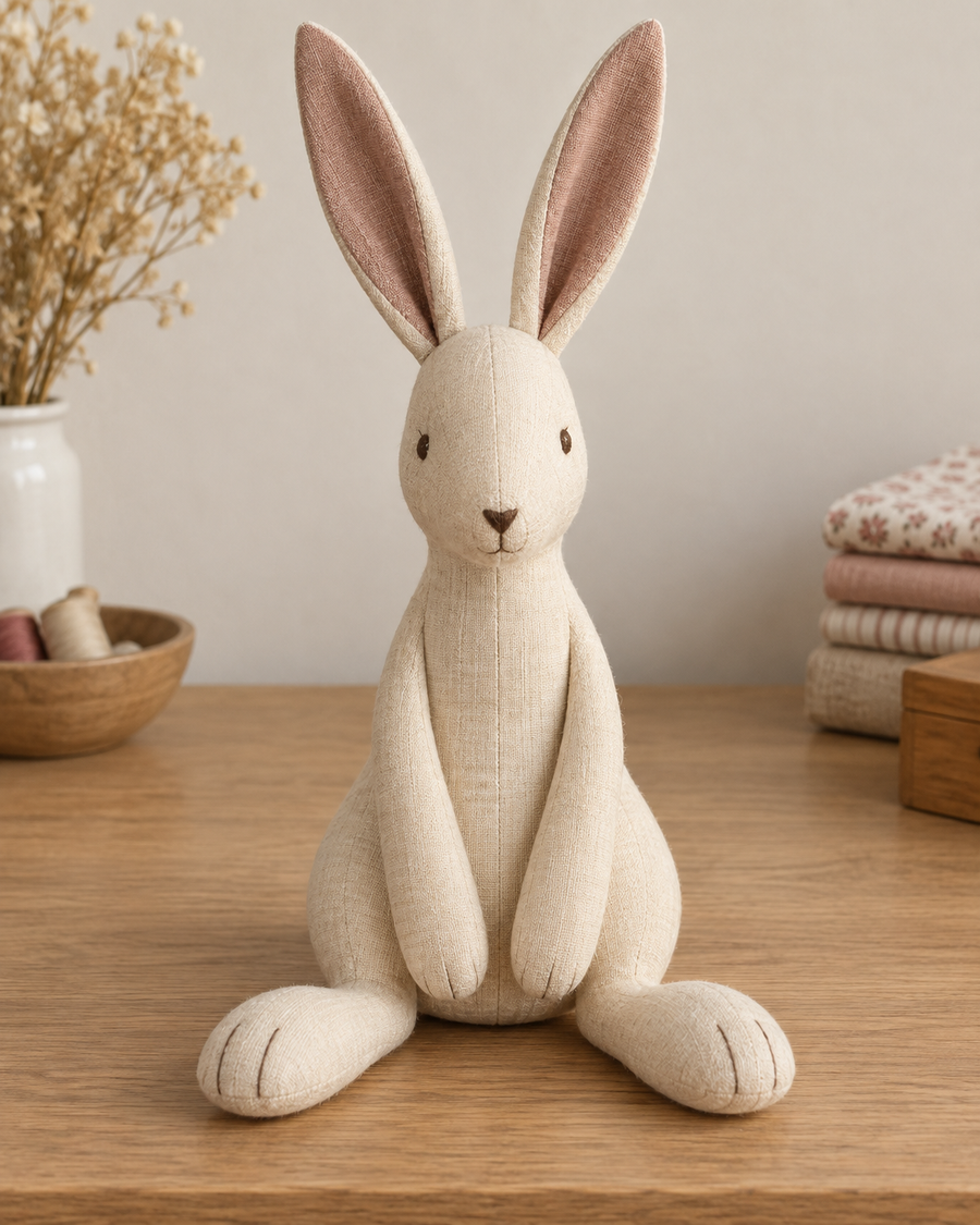 Front design preview of a seated linen fabric rabbit with long ears and embroidered features.