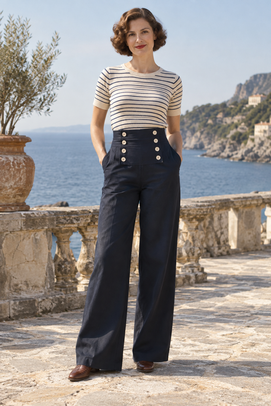 Front design preview of the vintage-inspired sailor trousers.