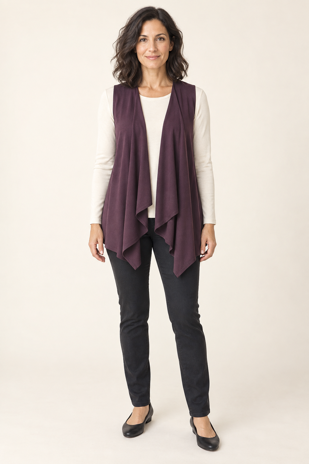 Front view of open-front waterfall vest design on a model