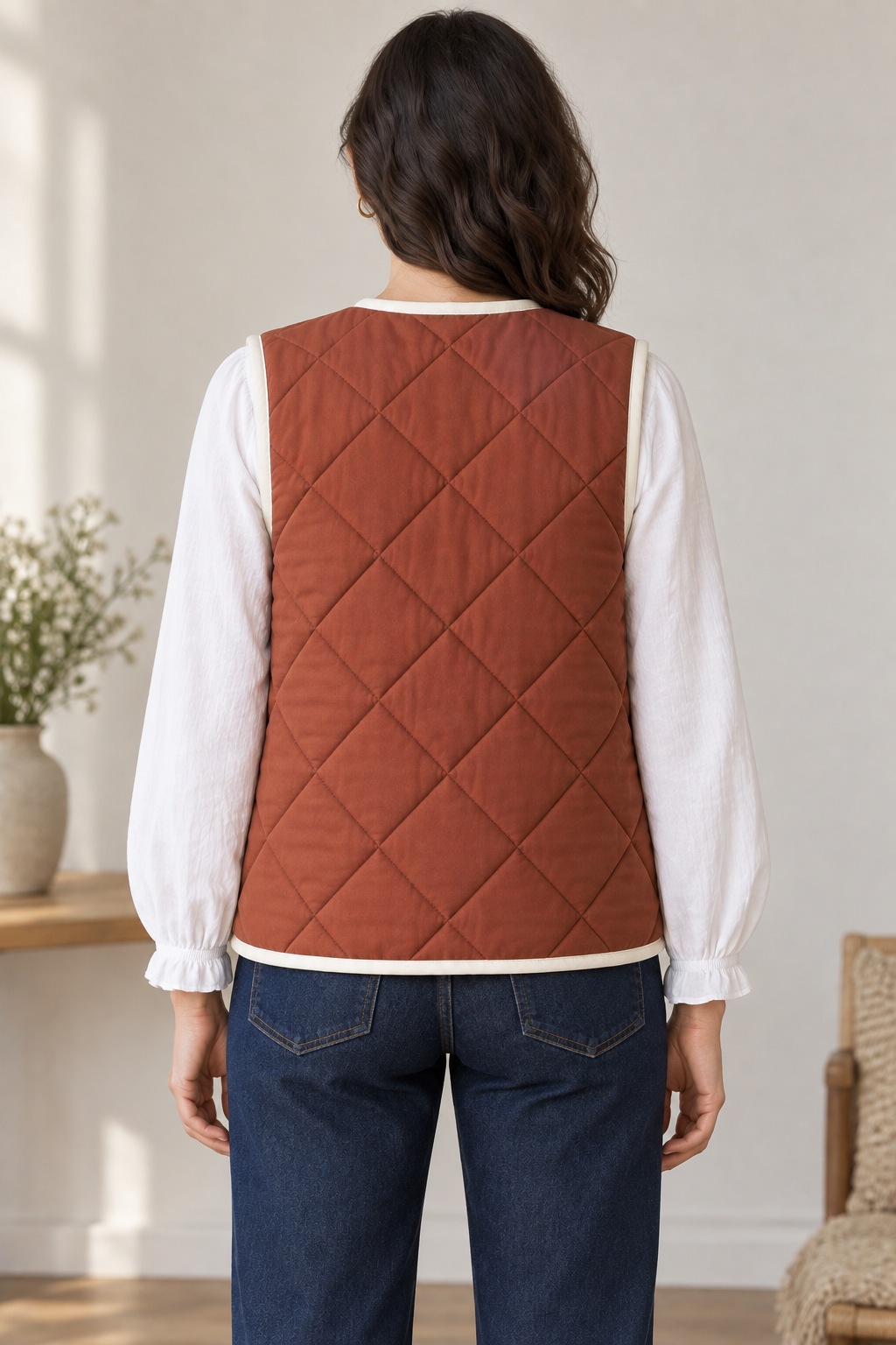 Back design preview of women's reversible quilted vest.