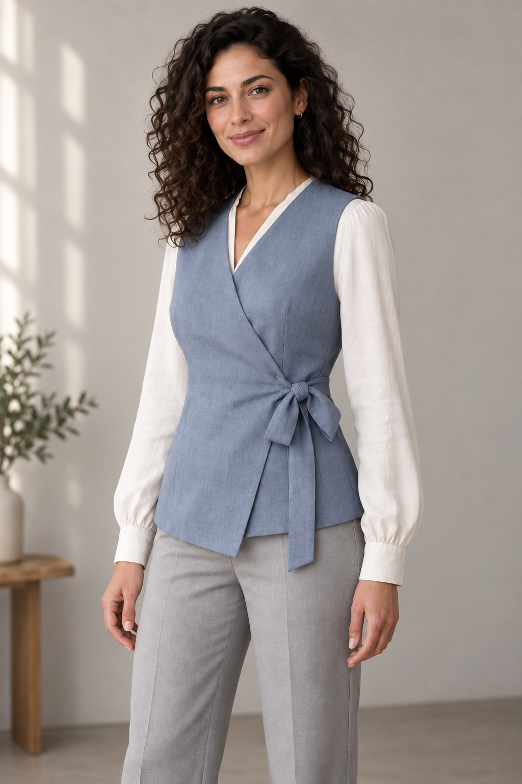 Three-quarter design preview of women's wrap vest.