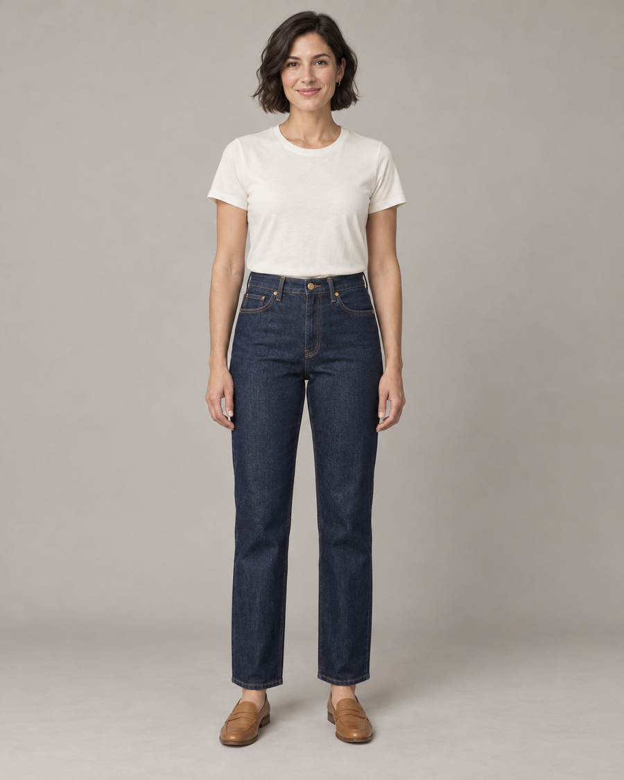 Design preview of yoked denim jeans with curved front pockets and a zip fly, front view.