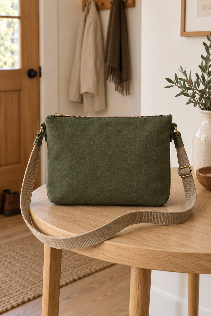 Front design preview of the zipped gusseted crossbody bag.