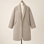 AI design preview: warm stone color of the same open shawl-collar quilted coat with two slanted welt pockets and long loose body