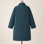 AI design preview: deep teal long quilted coat back with plain vertical channels, dropped shoulders and softly rolled rear collar