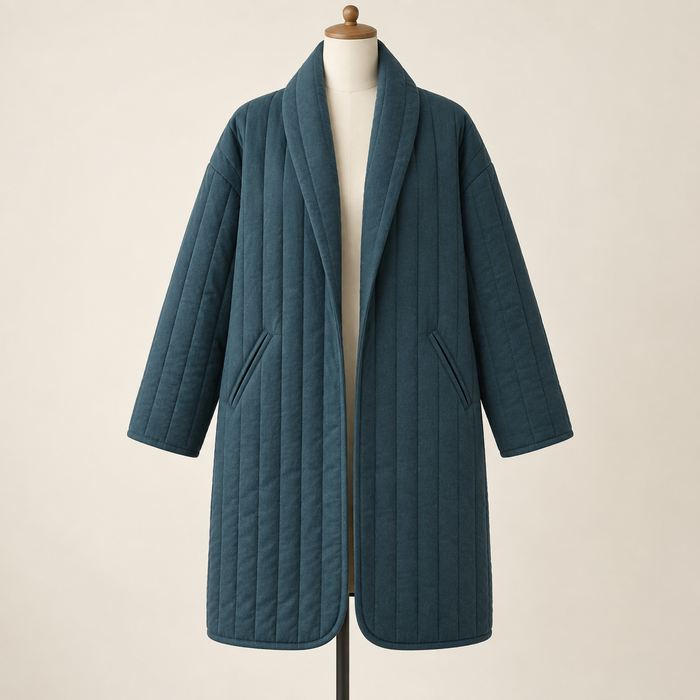 AI design preview: deep teal shawl-collar quilted coat front with open roll, dropped shoulders, slanted welt pockets and rounded bound corners