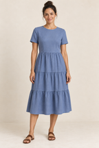 AI design preview: adult woman in a dusty blue midi dress with plain short sleeves, subtle waist darts and three joined gathered skirt sections