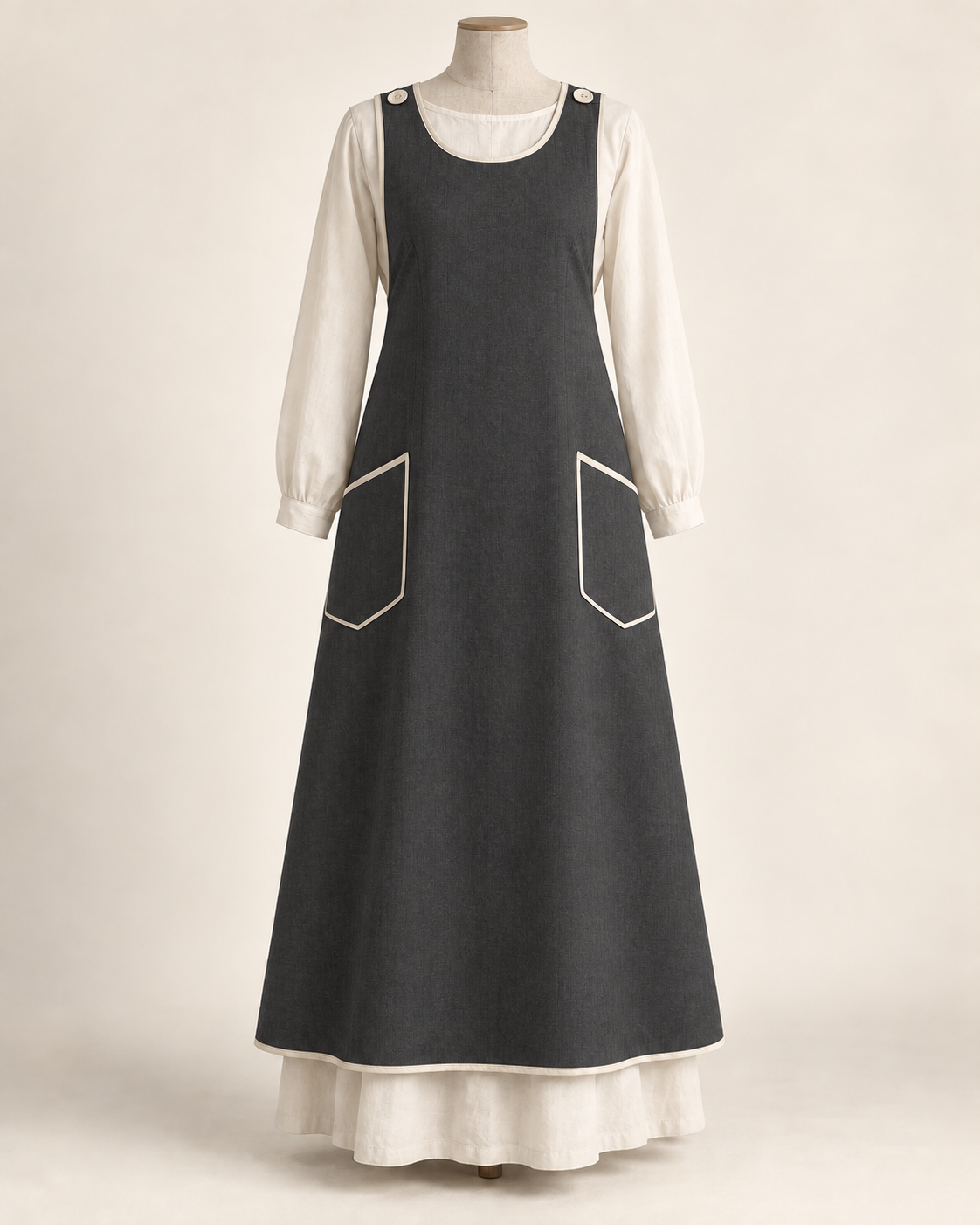 AI concept illustration of 1916 shoulder-button cross-back apron, front view in alternative charcoal, on a mannequin.