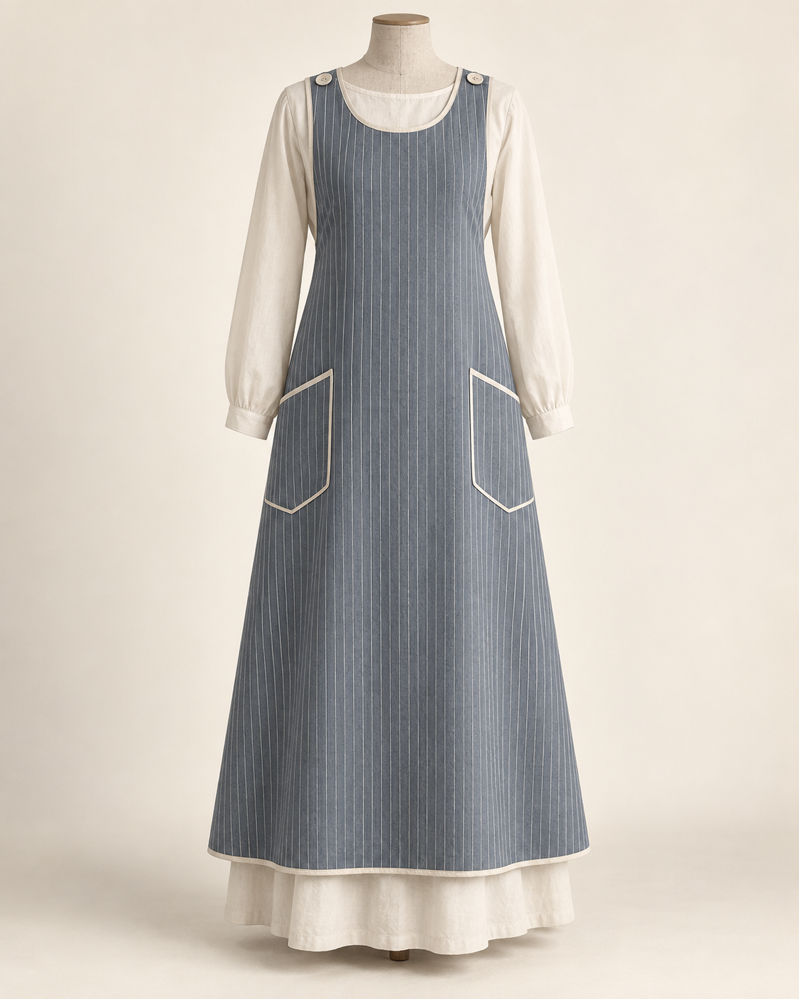 AI concept illustration of 1916 shoulder-button cross-back apron, front view in slate-blue pinstripe, on a mannequin.